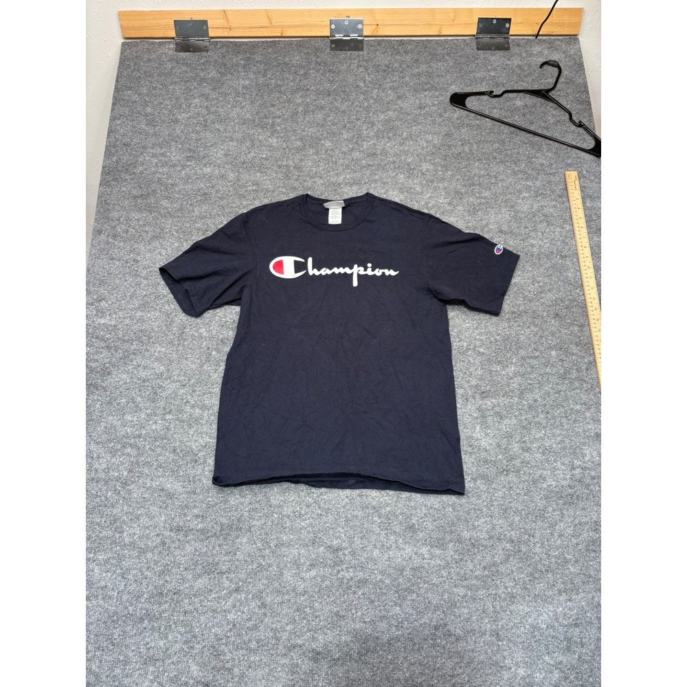 Champion Mens Medium Navy Blue Script Logo Short Sleeve Cotton T-Shirt GT191